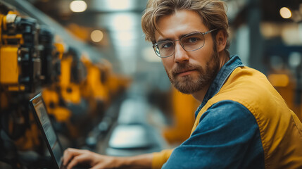 Poster - Productivity growth and efficiency process, businessman using laptop in industrial management, lean cost strategies, modern professional setting, high-resolution, crisp visuals