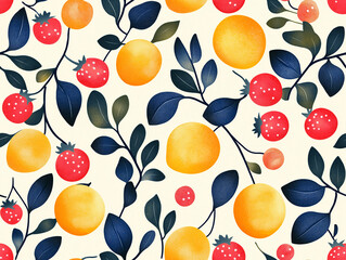 Sticker - Colorful strawberries and oranges interwoven with dark leaves on a light background, creating a vibrant and fruity seamless pattern.