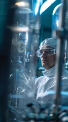 Aufkleber - A laboratory technician in a white suit focuses intently on complex scientific apparatus, ensuring precision in their important tasks