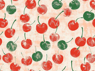 Wall Mural - A seamless pattern with playful cherries in red and green on a soft peach background. The simple, retro design is fresh and cheerful, perfect for light-hearted aesthetics.