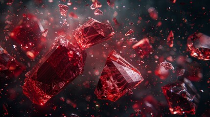 Poster - Shattered red crystals floating in dark space with sparkling reflections and dramatic lighting