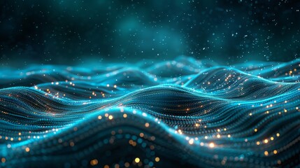 Poster - Abstract waves in blue and teal with sparkling light particles creating a serene atmosphere