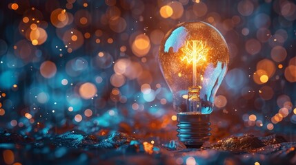 Poster - Light bulb glowing with bright filament amidst colorful bokeh background at nighttime