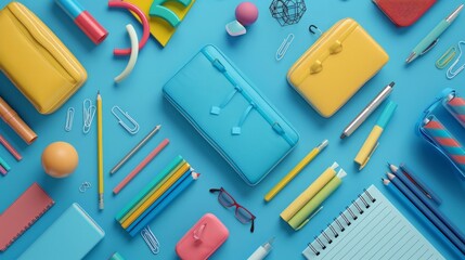 Various colorful school supplies pattern on blue background top view