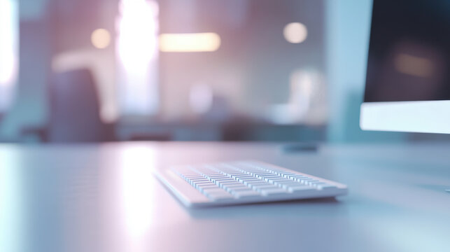 Blurred office background with a white computer keyboard in the background, modern and professional setting.