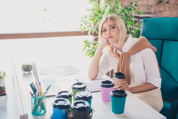 Photo of attractive woman sad overworked drink coffee dressed trendy clothes executive business leader comfort beautiful office interior