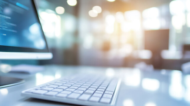 Blurred office background with a white computer keyboard in the background, modern and professional setting.