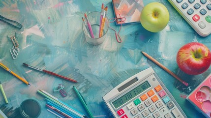 Top view of back to school supplies and calculator