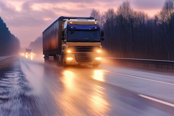 A transport truck speeding down a rain-soaked road at dusk, with motion blur highlighting its speed and the challenges of driving in adverse weather