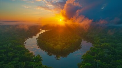 Wall Mural - Sunrise over a winding river in the Amazon rainforest with mist and vibrant colors