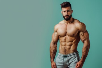 Wall Mural - Muscular man exuding strength and mental clarity, standing against a solid color background, ideal for gym flyers that highlight the harmony of body and mind