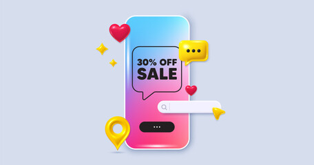 Wall Mural - Sale 30 percent off discount. Social media phone app banner. Promotion price offer sign. Retail badge symbol. Social media search bar, like, chat 3d icons. Sale message. Vector