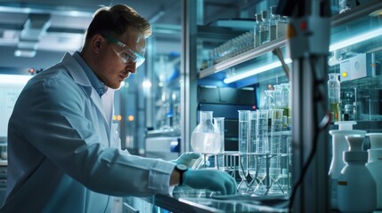 Poster - A laboratory technician in a white coat carefully works with glass equipment, analyzing liquids under bright laboratory lights in a professional setting