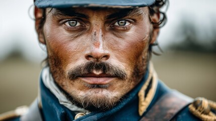 Young soldier in military uniform poses during a battle reenactment in an open field at dusk