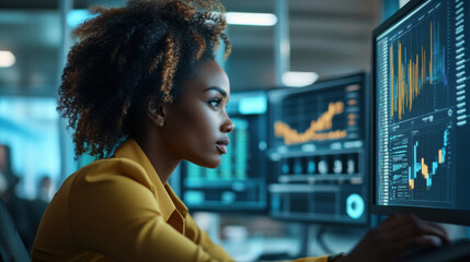 Focused Black woman analyzing data on a computer screen in a contemporary office setting.