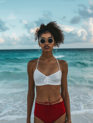 Wall Mural - Stylish Young Woman in White Top and Red Shorts on Beach