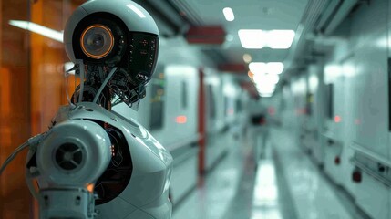 Poster - Humanoid robot standing in a futuristic corridor at a technology facility