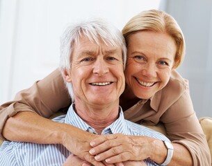 Poster - Senior, portrait and happy couple hug in home for love, support and bonding together in lounge. Face, man and woman embrace for connection, trust or commitment for marriage with partner in retirement