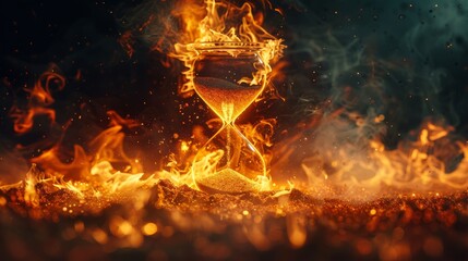 Poster - An hourglass engulfed in flames with glowing sand in a dark, smoky environment
