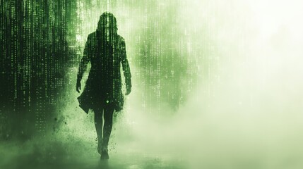 hacker attack symbol, binary code flowing, digital storm effect, neon green hues. isolated on white 