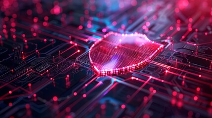 Poster - Digital security concept with a glowing shield on a circuit board background at night