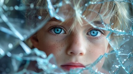 Young child gazing through shattered glass with striking blue eyes in soft natural light