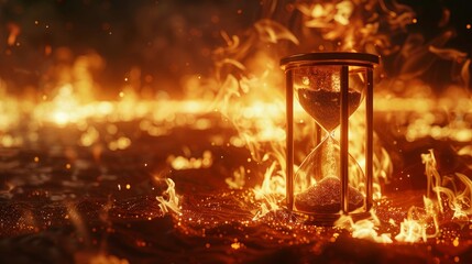 Poster - Hourglass surrounded by fire on a dark surface at night
