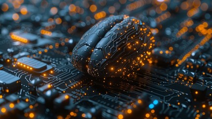 Poster - A futuristic brain model sits on a circuit board with glowing connections in a tech-themed setting