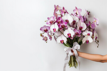 Hand holding bouquet purple white orchids white ribbon minimalist background florist flower farmer spring summer theme wedding event decor luxury botanical elegance floral arrangement eco banner