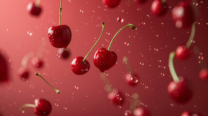 Wall Mural - red cherries in the air on red background