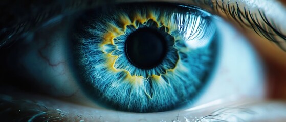 A Close-Up of a Blue Eye with a Yellow Iris and Eyelashes