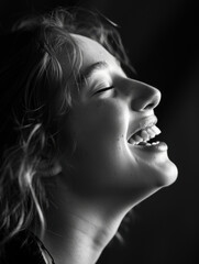 Wall Mural - Joyful Young Woman Laughing in Black and White Close-Up Portrait