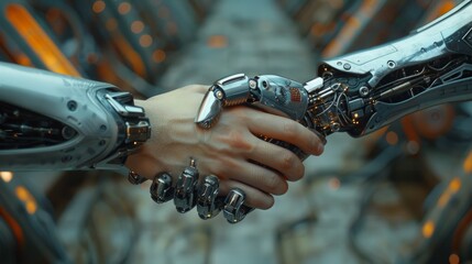 Aufkleber - Robots and humans shake hands in a futuristic laboratory environment