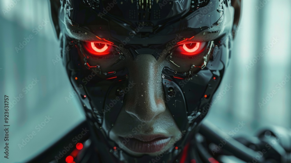 Close-up of a futuristic humanoid robot with glowing red eyes in a high ...