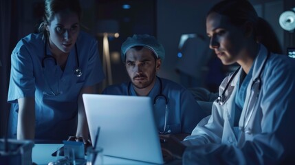 Poster - Three focused doctors analyze important data on a laptop while immersed in a dimly lit hospital room during a late-night shift