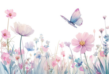 Wall Mural - PNG Delicate watercolor flowers butterfly