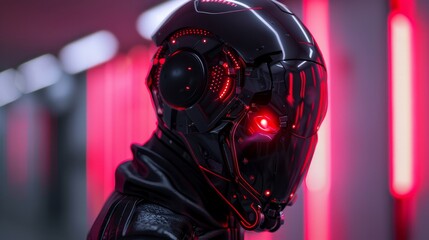 Poster - Futuristic robot with glowing red eyes in a neon-lit urban setting at night