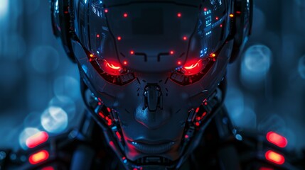 Poster - Futuristic robot with glowing red eyes in a high-tech environment at night