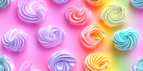 Wall Mural - Rainbow meringues in a spectrum of bright colors, each piece showcasing a unique swirl and pattern, seamless pattern