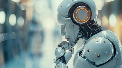 Poster - A thoughtful humanoid robot in a futuristic setting, contemplating in a high-tech environment