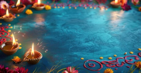 Lighting a sparkler with diya lamp. A floral rangoli pattern arranges around the lights to create decorative borders.