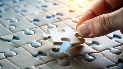 Poster - A close-up of a hand placing the final piece of a puzzle into place , completion, achievement, solution, success