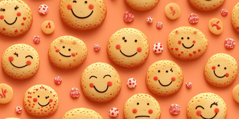 Wall Mural - Cookies with whimsical faces and fun patterns, set against a cheerful and lively backdrop, seamless pattern