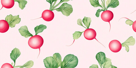 Poster - Radishes with green leaves on a pale pink background, adding a subtle pop of color, seamless pattern