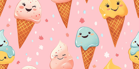 Wall Mural - Whimsical ice cream cones with fun faces and playful designs, perfect for a lighthearted theme, seamless pattern