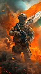 Wall Mural - An Indian soldier holding Indian flag in hand standing with war background