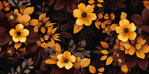 Wall Mural - Dark auburn and mustard blooms with bronze foliage, seasonal change, seamless pattern