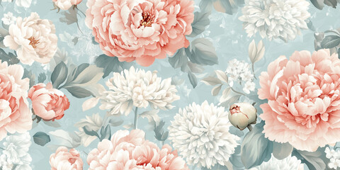 Wall Mural - Elaborate peonies and chrysanthemums, densely packed with a vintage feel in soft pastel shades, seamless pattern