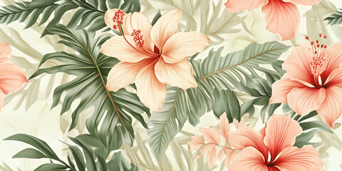 Hibiscus and lilies with ferns and trailing vines, seamless pattern