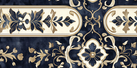 Wall Mural - Glamorous motifs, intricate borders, and gold accents with deep blue and ivory, seamless pattern